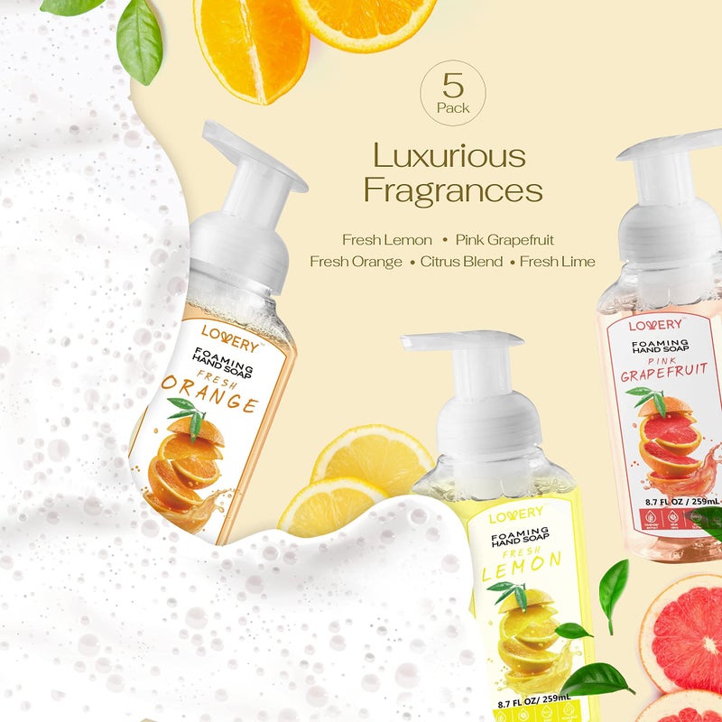 LOVERY Foaming Hand Soap Pump - 5-PK - Moisturizing Hand Soap Foam with Aloe Vera & Essential Oils - Alcohol-Free Hand Wash in Citrus Blend, Lemon, Orange, Lime, Grapefruit Fragrances for Kitchen & Bathroom - Image 4
