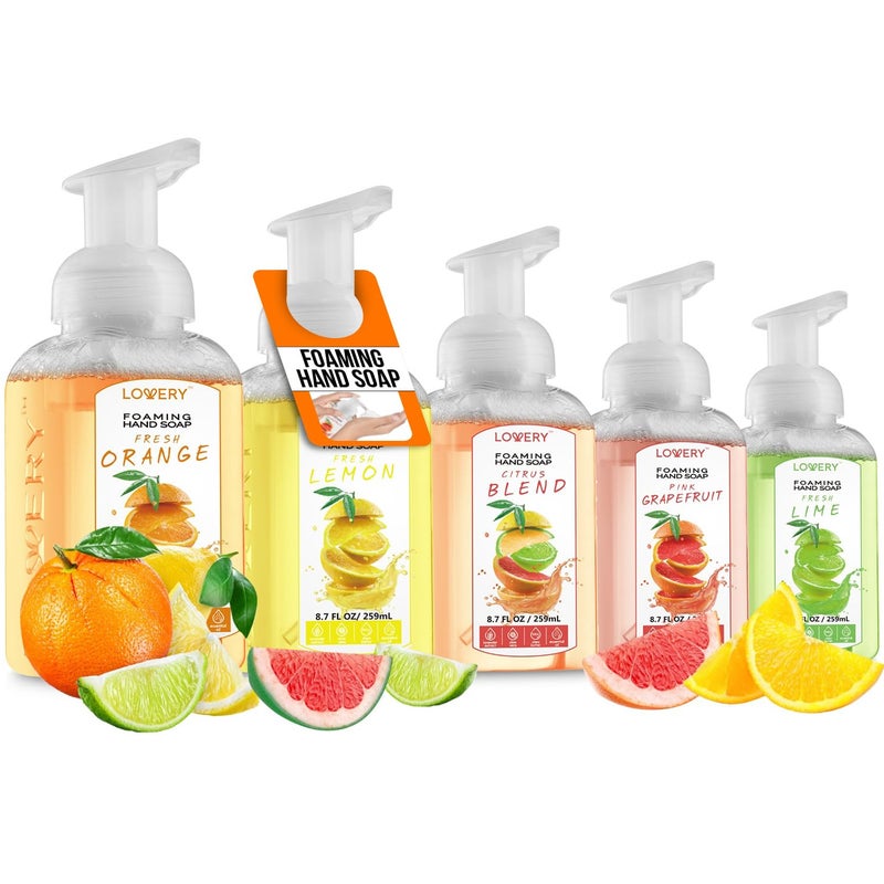 LOVERY Foaming Hand Soap Pump - 5-PK - Moisturizing Hand Soap Foam with Aloe Vera & Essential Oils - Alcohol-Free Hand Wash in Citrus Blend, Lemon, Orange, Lime, Grapefruit Fragrances for Kitchen & Bathroom - Image 1