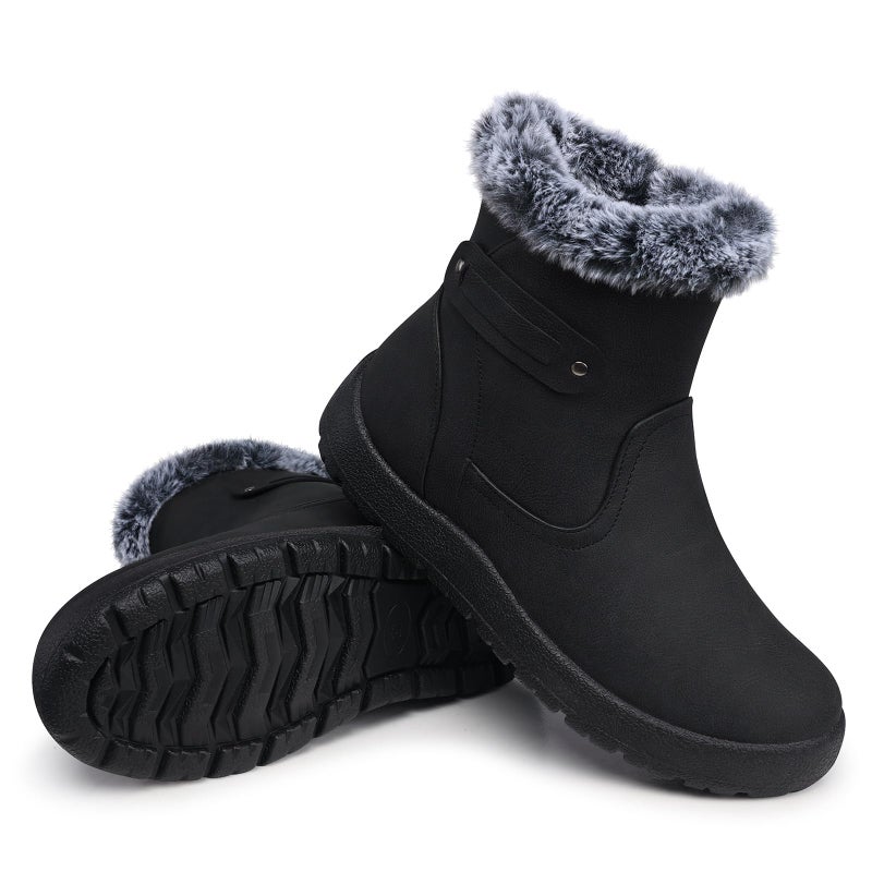 SHIBEVER Women's Snow Boots Winter Fur Lined Waterproof Anti-Slip Leather Women Ankle Snow Boots Black Size 8.5 - Image 1