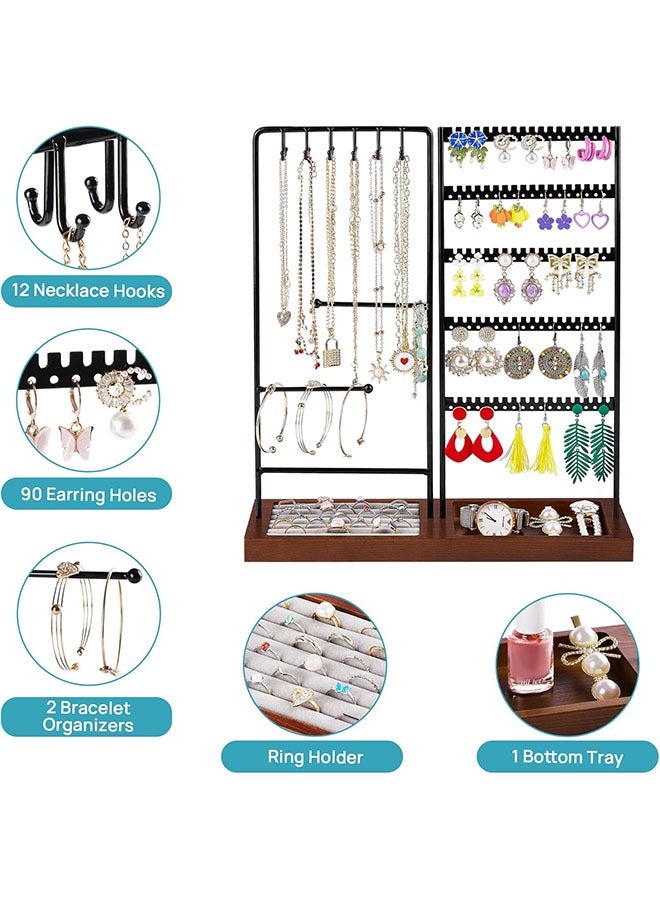 YelaJoy Jewelry Holder Organizer Stand Tree for Earring Necklace Ring Bracelets Display and Storage, with 90 Holes, 12 Hooks, Black+ Walnut  - Image 2