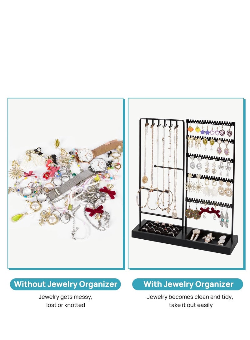 YelaJoy Jewelry Holder Organizer Stand Tree for Earring Necklace Ring Bracelets Display and Storage, with 90 Holes, 12 Hooks, Black+ Walnut  - Image 5