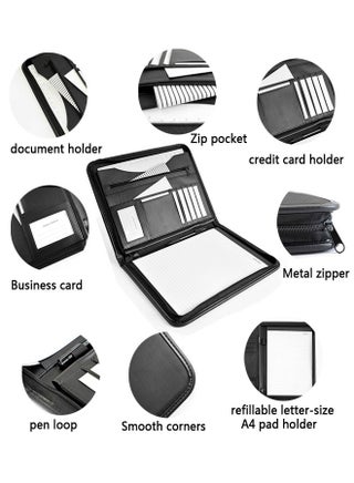 A4 File Folder PU Leather Portfolio Business Notebook Organizer with Zipper Business Portfolio Interview Folder for Women and Men Black - view 3