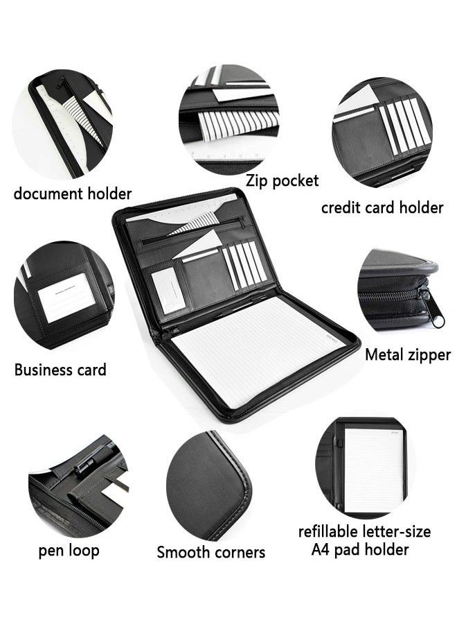 وهاواي A4 File Folder PU Leather Portfolio Business Notebook Organizer with Zipper Business Portfolio Interview Folder for Women and Men Black  - Image 3