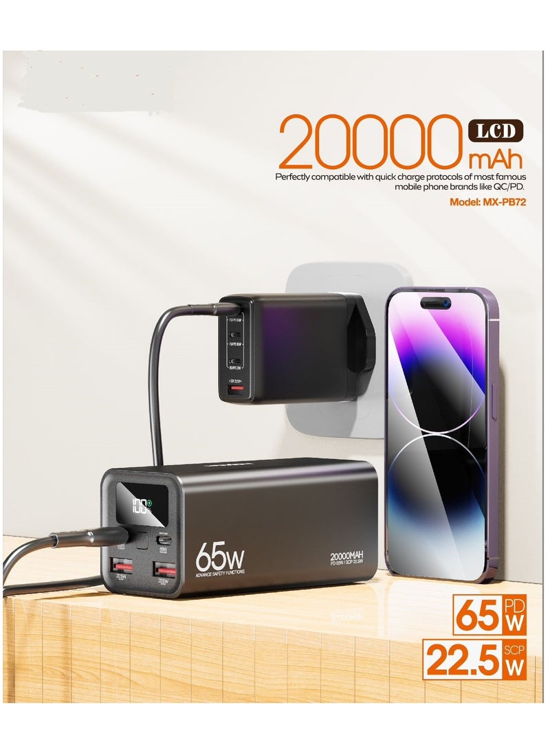 MOXOM MX-PB72 20000 mAh Portable Powerbank with 4 Output and 2 Input 65W PD + 22.5W SCP Charging  - Image 2