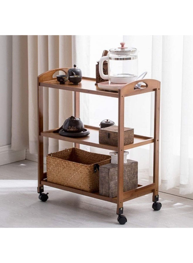 LINGWEI Bamboo Kitchen Island With Movable Wheels 3 Floor Food Serving Trolley With Handle Wooden Utility Cart and Storage Organizer - Image 5