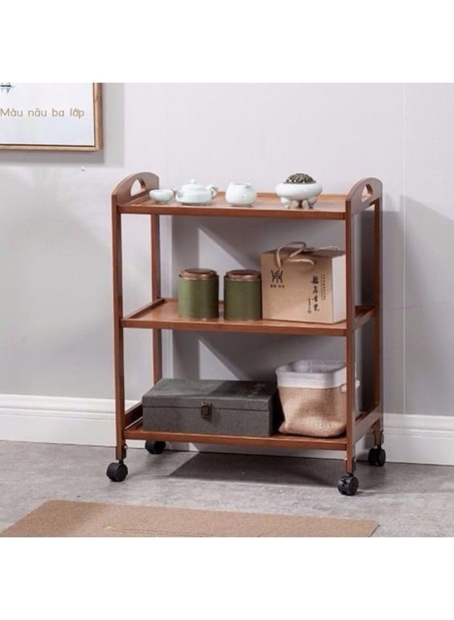 LINGWEI Bamboo Kitchen Island With Movable Wheels 3 Floor Food Serving Trolley With Handle Wooden Utility Cart and Storage Organizer - Image 2