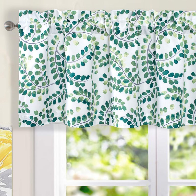 DriftAway Aleena Valance 2 Layers Room Darkening Blackout Valance for Cafe Kitchen Bedroom Living Room Bathroom Floral Scroll Window Treatment Valance 52 Inch by 18 Inch Plus 2 Inch Green White