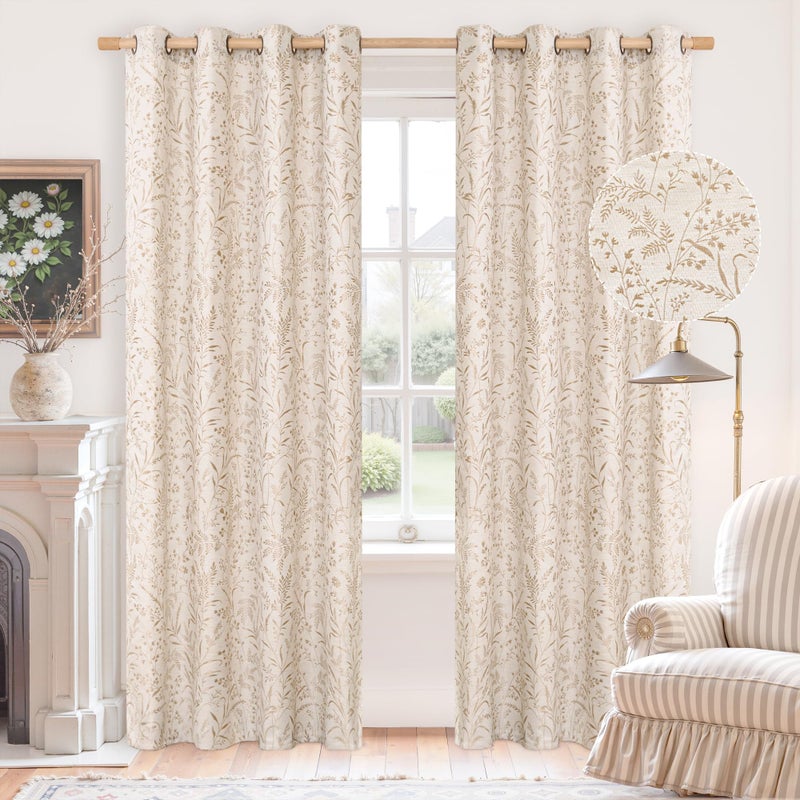 BGment Oatmeal Linen Curtains for Living Room 84 Inch Length - French Country Leaf Jacquard Botanical Pattern Cottage Core Vintage Light Filtering Grommet Window Curtains 2 Panels, Each 52 Inch Wide - Image 1