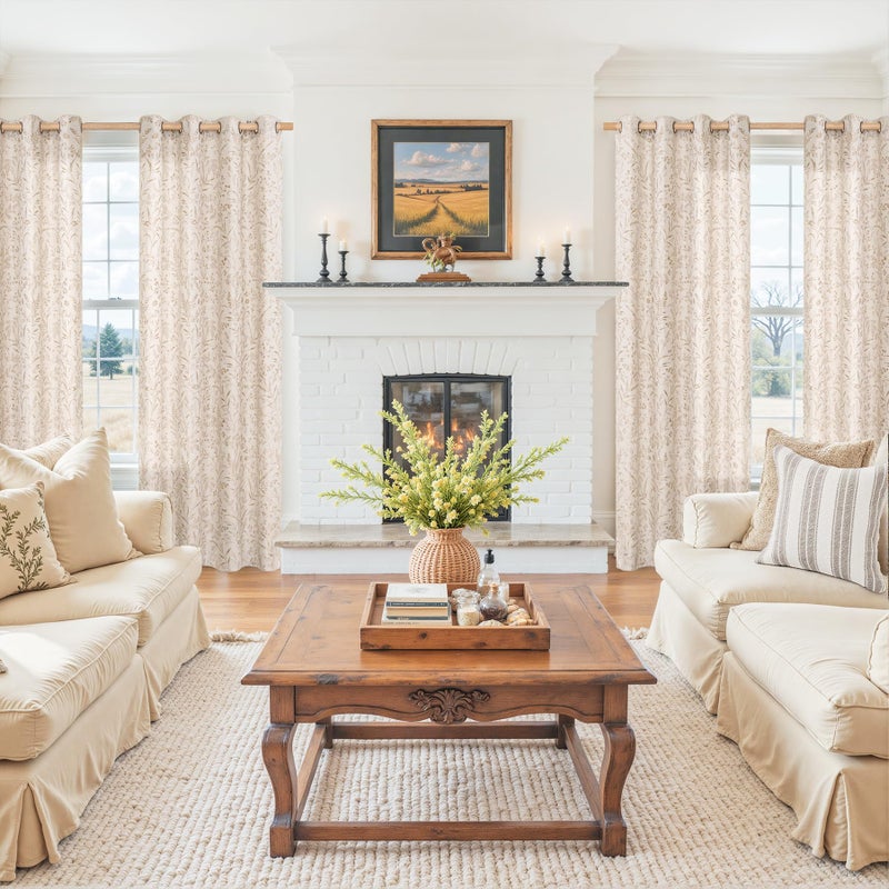 BGment Oatmeal Linen Curtains for Living Room 84 Inch Length - French Country Leaf Jacquard Botanical Pattern Cottage Core Vintage Light Filtering Grommet Window Curtains 2 Panels, Each 52 Inch Wide - Image 2