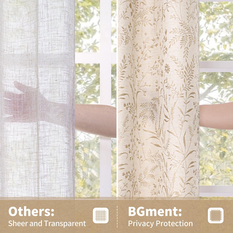 BGment Oatmeal Linen Curtains for Living Room 84 Inch Length - French Country Leaf Jacquard Botanical Pattern Cottage Core Vintage Light Filtering Grommet Window Curtains 2 Panels, Each 52 Inch Wide - Image 5