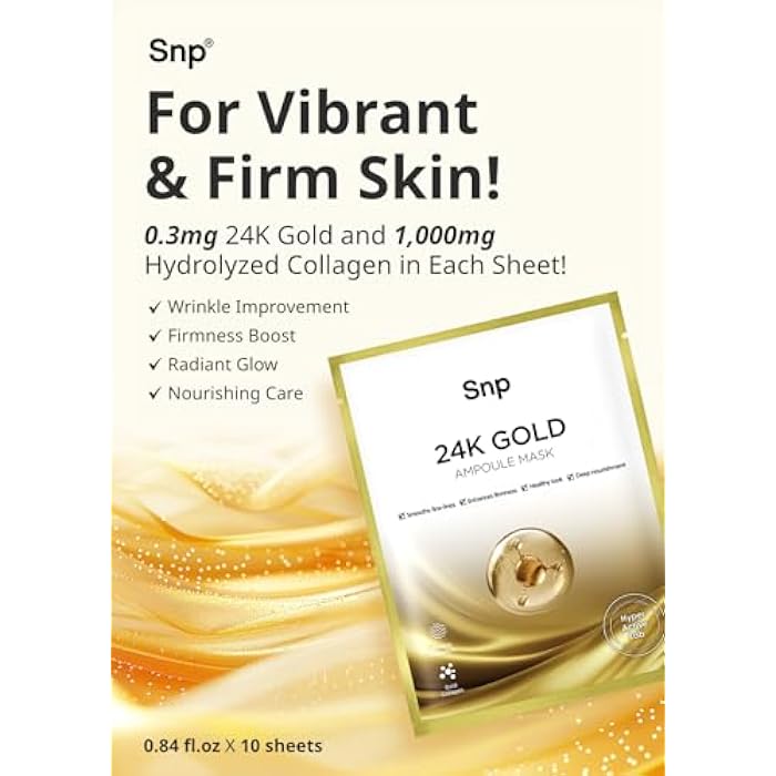 SNP 1000mg Collagen + 24K Gold Ampoule Sheet Mask | Collagen Face Masks Skincare | Tightening, Hydrating, and Nourishing | Korean Skin Care | Overnight Face Masks | Moisturizing Face Mask | 10 Sheets - Image 4