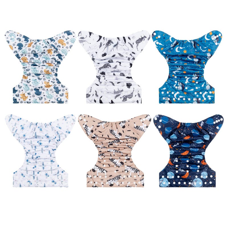 babygoal Reusable Cloth Diapers 6 Pack+6pcs Rayon from Bamboo Inserts+Wet Bag, One Size Adjustable Washable Pocket Nappy Covers for Baby Boys and Girls 6FB36 - Image 2