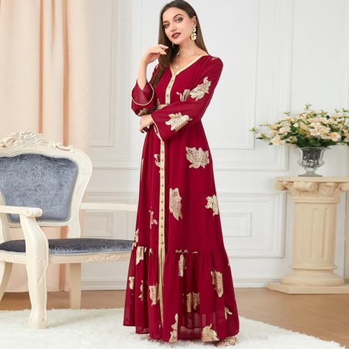 OBEEII Women's Moroccan Muslim Abaya Dress Elegant Floral Embroidery Kaftan Maxi Dress Islamic Wedding Guest Dress Dubai Long Sleeve Ramadan Prayer Clothes Evening Robe Dress Red M - Image 5