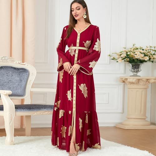 OBEEII Women's Moroccan Muslim Abaya Dress Elegant Floral Embroidery Kaftan Maxi Dress Islamic Wedding Guest Dress Dubai Long Sleeve Ramadan Prayer Clothes Evening Robe Dress Red M - Image 3