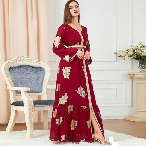OBEEII Women's Moroccan Muslim Abaya Dress Elegant Floral Embroidery Kaftan Maxi Dress Islamic Wedding Guest Dress Dubai Long Sleeve Ramadan Prayer Clothes Evening Robe Dress Red M - Image 4