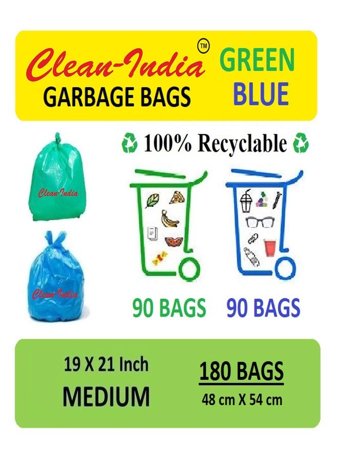Clean India كلين إنديا™ - 6 عبوات من أكياس القمامة متوسطة الحجم للاستخدام مرة واحدة للنفايات الرطبة والجافة (90 كيس أزرق و90 كيس أخضر) - 3 عبوات من كل نوع - Image 1