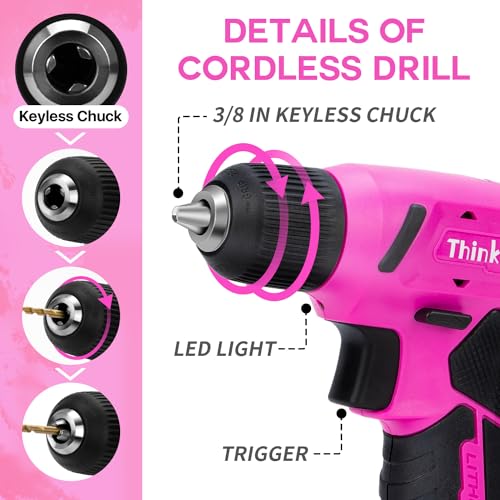 ThinkLearn 8V Pink Cordless Drill Set, 64 Pcs Pink Power Drill Tool Kit for Women, 3/8"Keyless Chuck Electric Screwdriver Driver Kit for Home DIY and Repair, USB Charger and Storage Box Included - Image 3