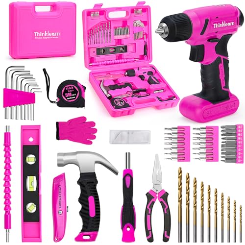 ThinkLearn 8V Pink Cordless Drill Set, 64 Pcs Pink Power Drill Tool Kit for Women, 3/8"Keyless Chuck Electric Screwdriver Driver Kit for Home DIY and Repair, USB Charger and Storage Box Included - Image 1