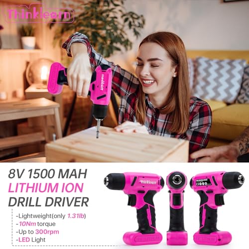 ThinkLearn 8V Pink Cordless Drill Set, 64 Pcs Pink Power Drill Tool Kit for Women, 3/8"Keyless Chuck Electric Screwdriver Driver Kit for Home DIY and Repair, USB Charger and Storage Box Included - Image 2