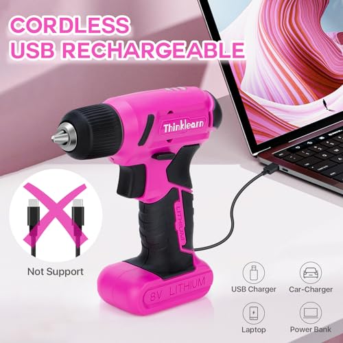 ThinkLearn 8V Pink Cordless Drill Set, 64 Pcs Pink Power Drill Tool Kit for Women, 3/8"Keyless Chuck Electric Screwdriver Driver Kit for Home DIY and Repair, USB Charger and Storage Box Included - Image 4