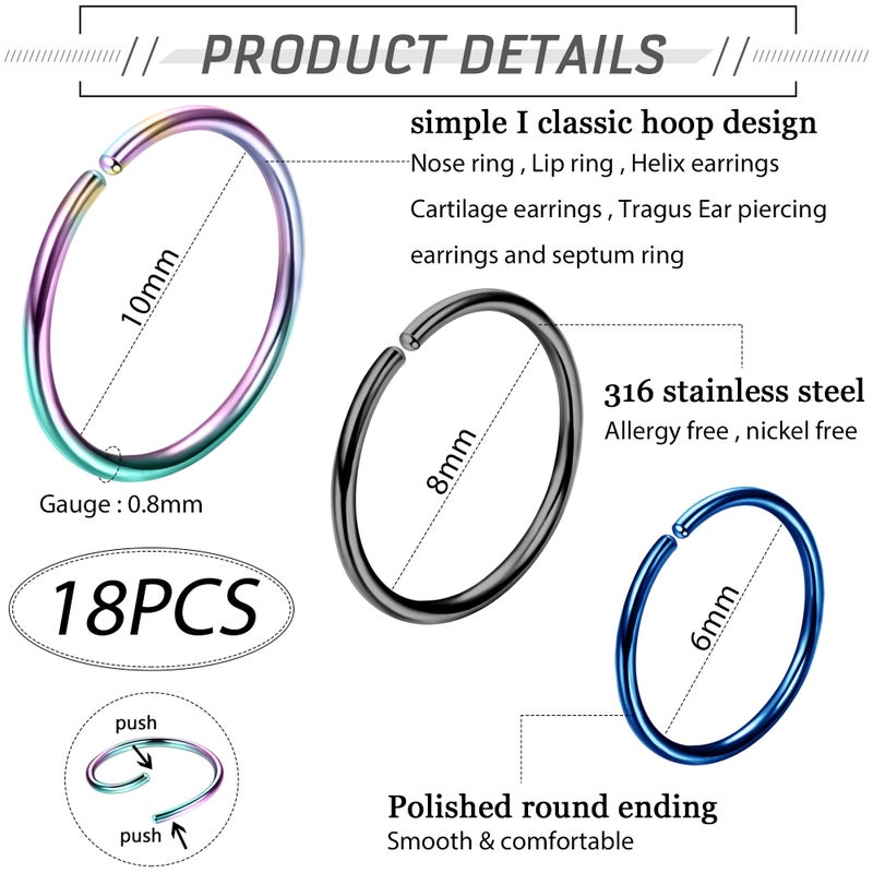 LOYALLOOK 18-24Pcs 20G 316L Stainless Steel Nose Ring Hoop Cartilage Hoop Septum Piercing 6-12mm - Image 2