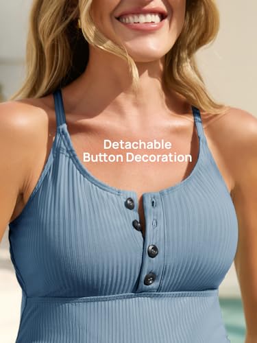 Summer Mae Maternity Swimsuit One Piece Button Closure Cross Back Pregnancy Bathing Suit Baby Blue Medium - Image 4