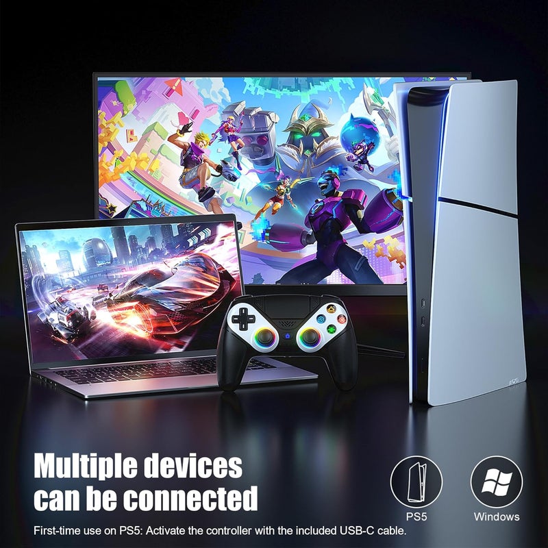Gamrombo جهاز تحكم لاسلكي LED من Gamrombo لجهاز PS5، متوافق مع PS5 Pro/Slim/PC، اهتزاز مزدوج، وظيفة ماكرو/توربو، مقبس صوت 3.5 مم، لوحة ألعاب تحكم حركة بستة محاور مع مكبر صوت (أسود) - Image 2
