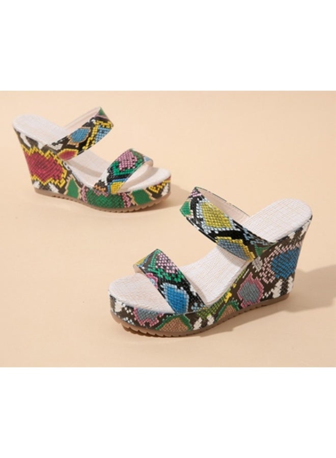 Rup Art Roman Style Wedge Heel Leopard Print Thick Bottom Straw Set Toe Non-Slip Ladies Sandals Women Slippers Rup Art - Image 3