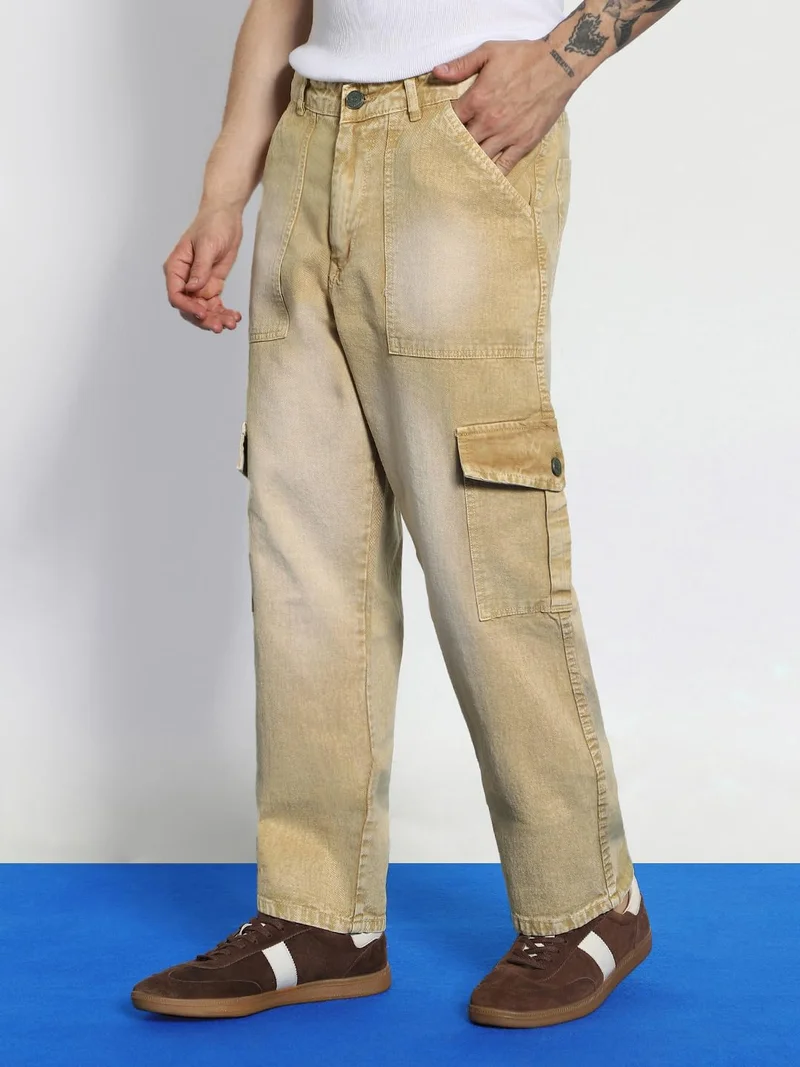 Urbano Fashion  Urbano Fashion Men's Beige Loose Baggy Fit Washed Cargo Jeans with 6 Pockets Non-Stretchable  | Best Price UAE