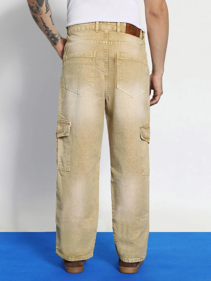 Urbano Fashion  Urbano Fashion Men's Beige Loose Baggy Fit Washed Cargo Jeans with 6 Pockets Non-Stretchable  | Best Price UAE