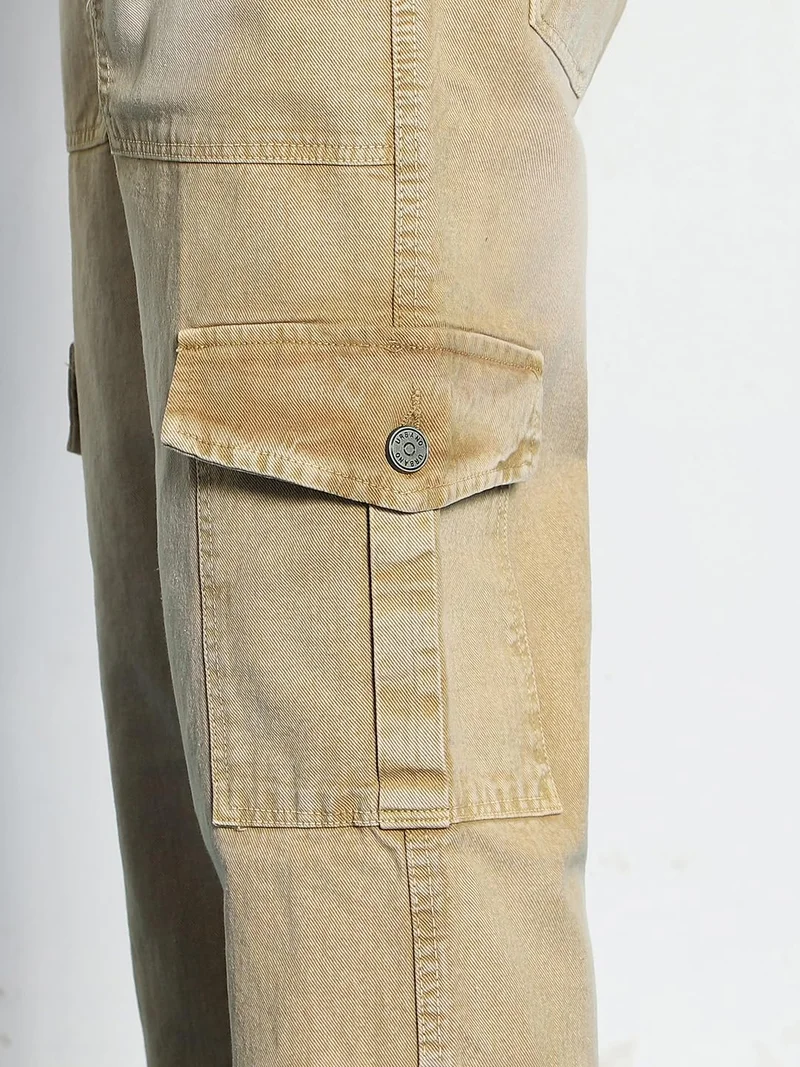 Urbano Fashion  Urbano Fashion Men's Beige Loose Baggy Fit Washed Cargo Jeans with 6 Pockets Non-Stretchable  | Best Price UAE