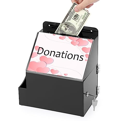 BTSKY Acrylic Suggestion Box With Lock Wall Mounted Acrylic Donation Box with 5"x7" Sign Slot Office Ballot Boxes with Side-Pocket Collection Boxes for Voting Locking Suggestion Mailbox, Black - Image 2