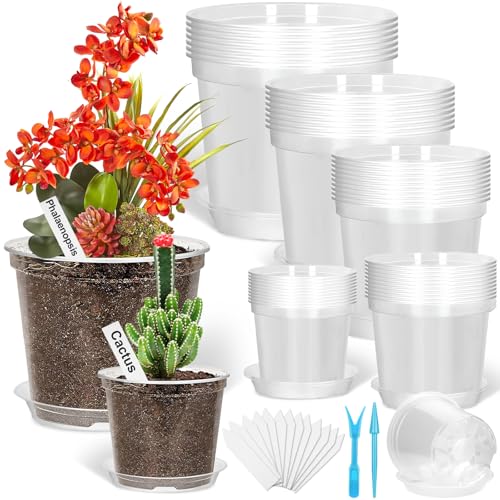 Jollidecor 45Pcs Clear Plastic Nursery Pots with Drainage Holes and Saucers, 3/4/5/6/7Inch Seedling Starter Flower Pots with Tool for Indoor Outdoor Gardening Flower, Herb, Succulent Transplanting - Image 1