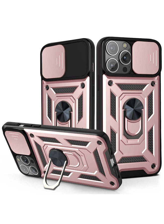 Shunjia Sliding Window Case, Shockproof Rugged Armor with Sliding Camera Cover & 360° Ring Kickstand, Compatible with Apple iPhone 13 Pro Max (Rose Gold)