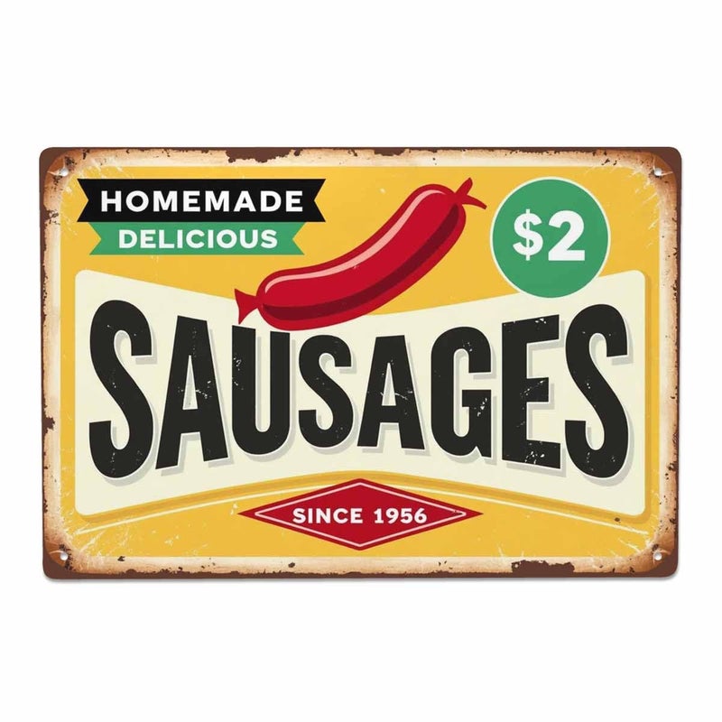 AOYEGO Sausage Tin SignHomemade Delicious Meat Hot Dog Food Vintage Metal Tin Signs for Cafes Bars Pubs Shop Wall Decorative Funny Retro Signs for Men Women 8x12 Inch