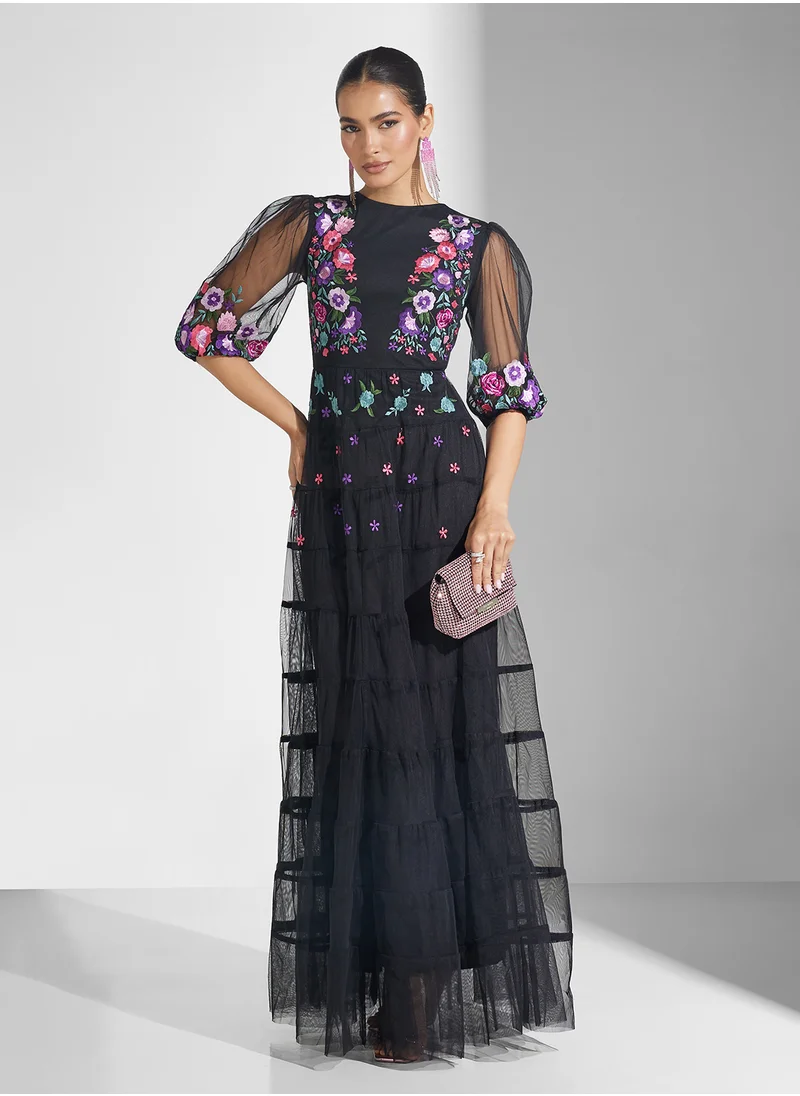 Frock and Frill Embellished Pleated Maxi Dress