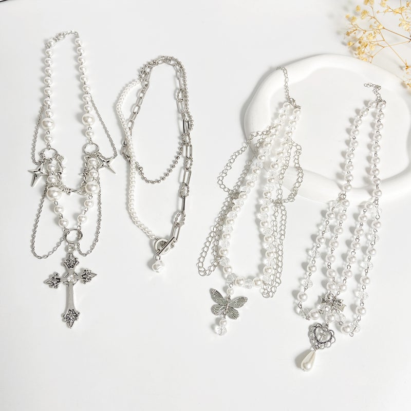 ofeankri European and American Cross-border Accessories: Unique Design Hot Girl Pearl Tassel Heart Cross Butterfly All-match Necklace for Women - Image 2