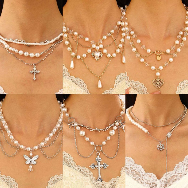 ofeankri European and American Cross-border Accessories: Unique Design Hot Girl Pearl Tassel Heart Cross Butterfly All-match Necklace for Women - Image 1