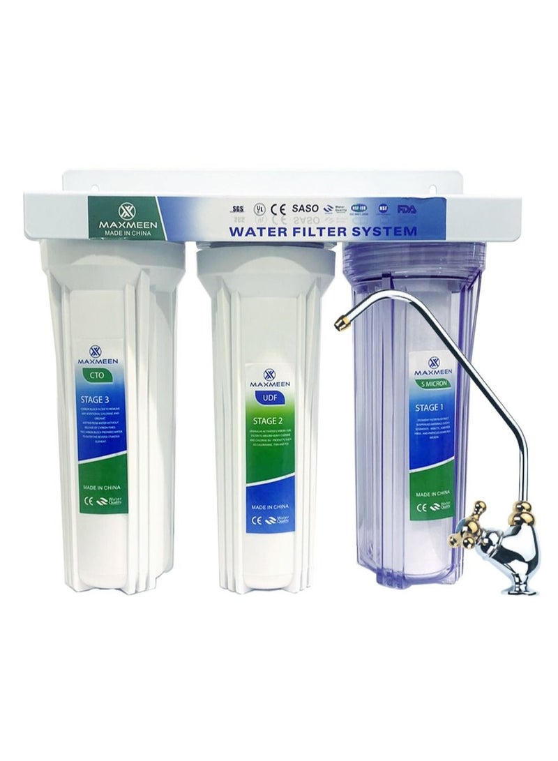 ماكسمين فلتر ماء (طقم ) 3 مراحل تحت المجلى مع حنفية مذهبة