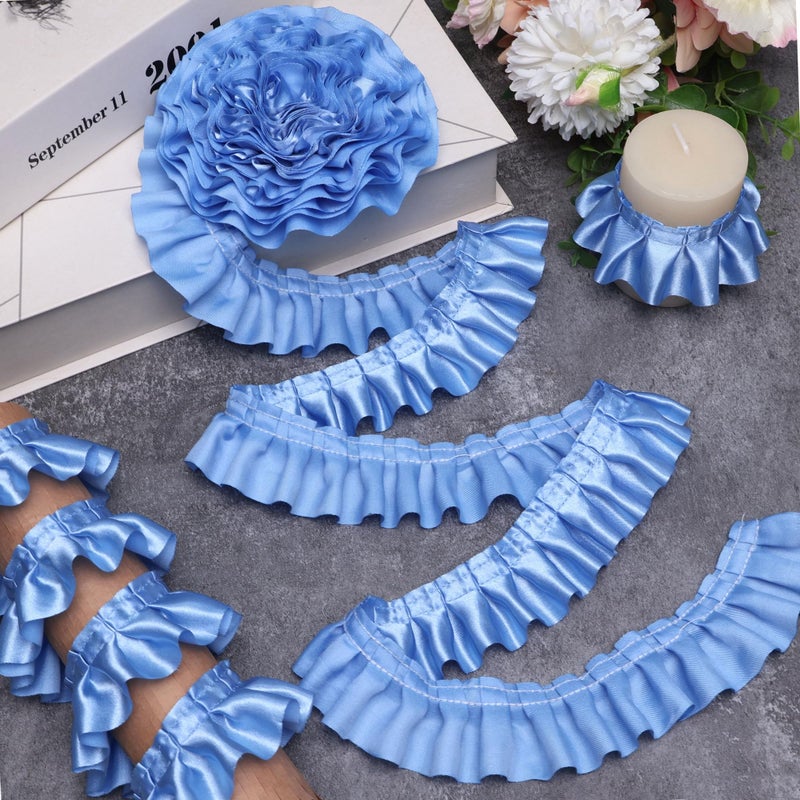 AIETSYEI Blue Ruffle Pleated Lace Trim Satin Ribbon Gather Ruffle Edge for Applique Sewing Crafts, Home Decoration - Image 1