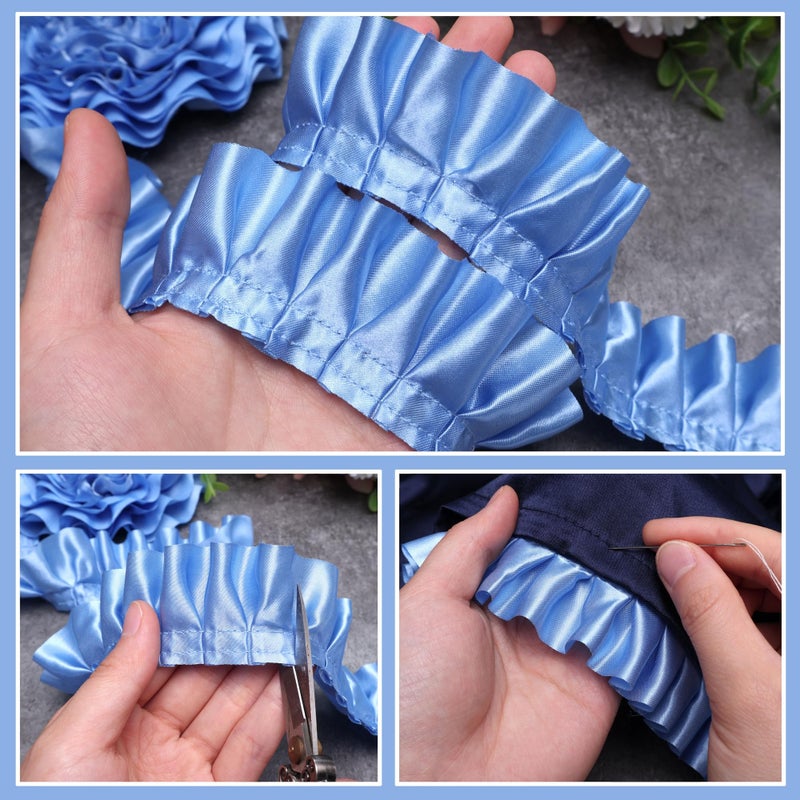 AIETSYEI Blue Ruffle Pleated Lace Trim Satin Ribbon Gather Ruffle Edge for Applique Sewing Crafts, Home Decoration - Image 3
