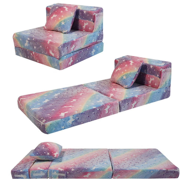 MeMoreCool MeMoreCool Glow Rainbow Unicorn TriFold Sofa Bed for Kids Foldable Futon Mattress Chair and Floor Couch for Playroom 