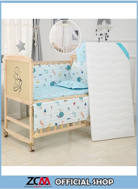 Multifunctional Solid Wood Bed Set For Newborn Baby With Mobile Cradle, Mosquito Net And Mat