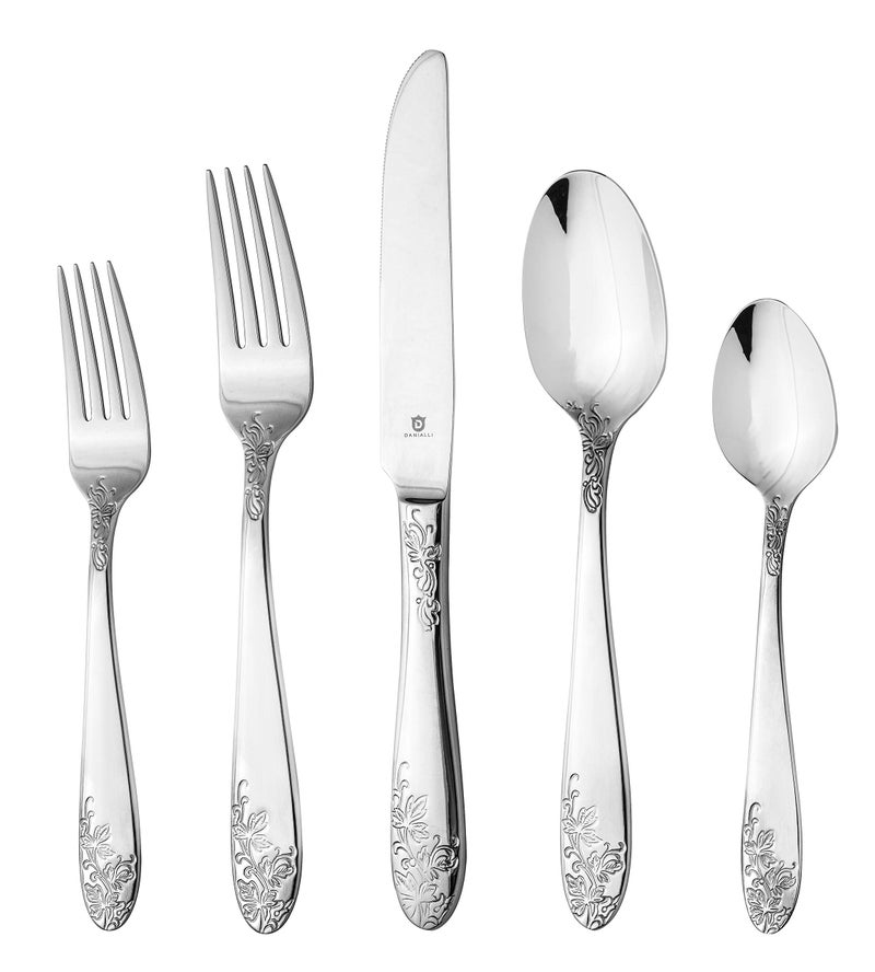 Danialli DANIALLI Modern Silverware Set  1810 Stainless Steel Flatware Set for Elegant Dining  Dishwasher Safe Cutlery Set Imperial 60Piece Floral 