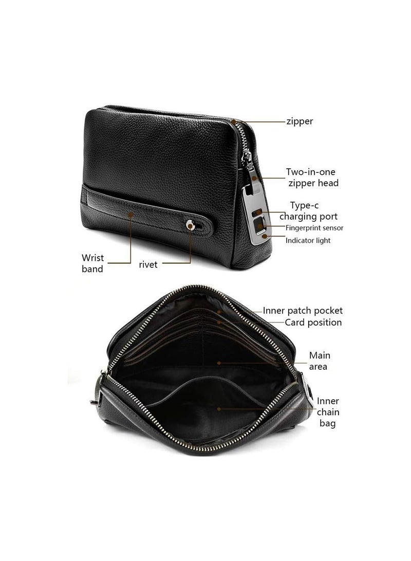 دبليو تيك حقيبة قفل بصمة الأصابع الجلدية للرجال والنساء حقيبة يد للذكور محافظ المال الطويل حقيبة الهاتف المحمول حقيبة قفل ذكي حقيبة القابض - أسود - Image 2