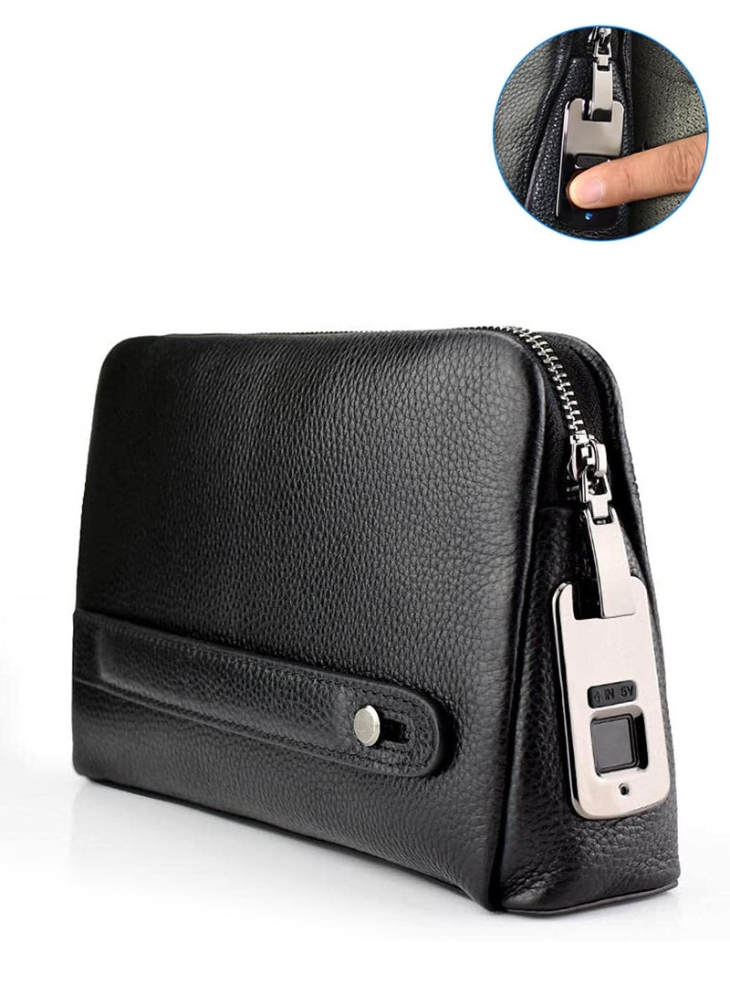 دبليو تيك حقيبة قفل بصمة الأصابع الجلدية للرجال والنساء حقيبة يد للذكور محافظ المال الطويل حقيبة الهاتف المحمول حقيبة قفل ذكي حقيبة القابض - أسود - Image 1