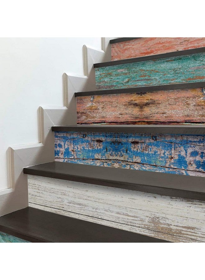 FUNLIFE 14 Pcs Self Adhesive Stair Stickers, Peel And Stick Vinyl Stair Risers Staircase Murals Decals Sticker Decor For Steps, 39.37"X7.09", Faux Weathered Color Wood - Image 1