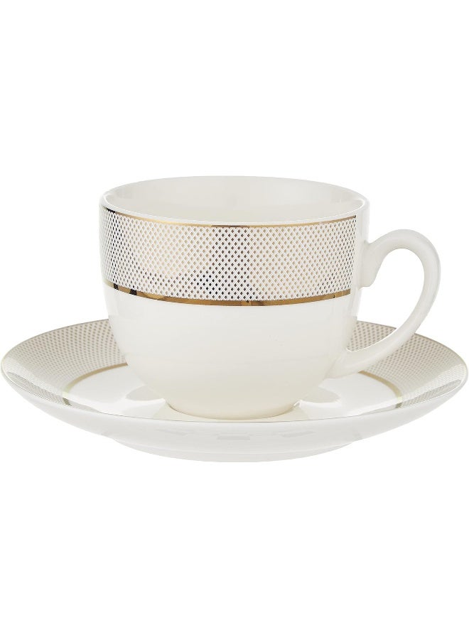 Shallow Bone China Cups And Saucers Set, White/Gold, 220Cc, Ts-200-Lin-D, 15 Pieces - Image 1