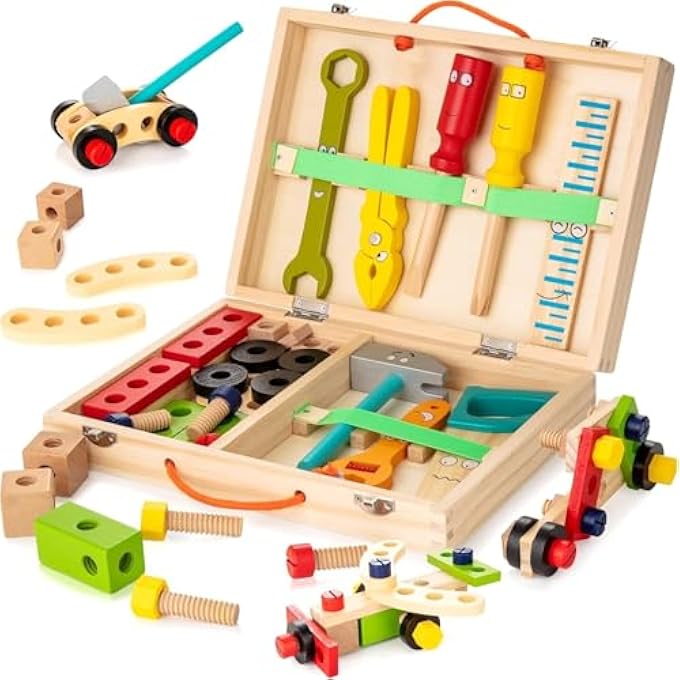 WOODEN TOOL KIT FOR KIDS, EDUCATIONAL CONSTRUCTION BUILDING TOY SET WITH TOOL BOX, WOOD AND PLASTIC, 35X25X15CM - Image 1