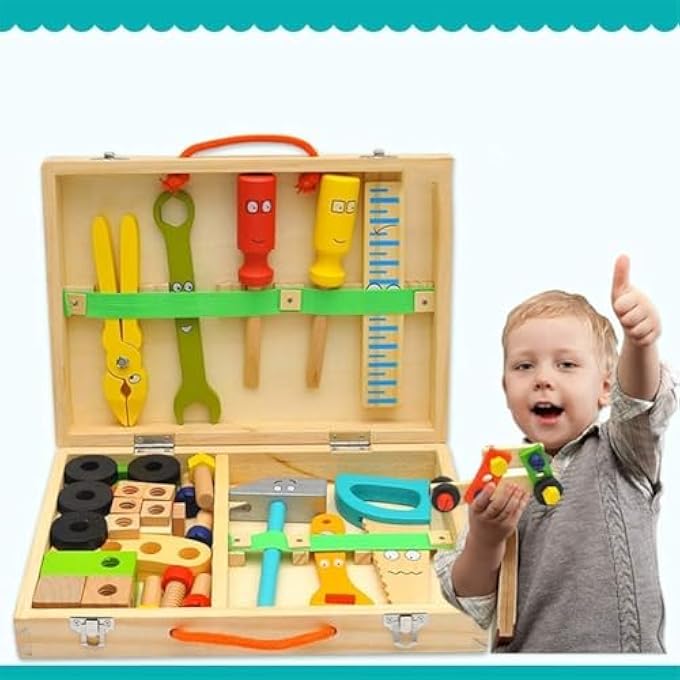 WOODEN TOOL KIT FOR KIDS, EDUCATIONAL CONSTRUCTION BUILDING TOY SET WITH TOOL BOX, WOOD AND PLASTIC, 35X25X15CM - Image 3